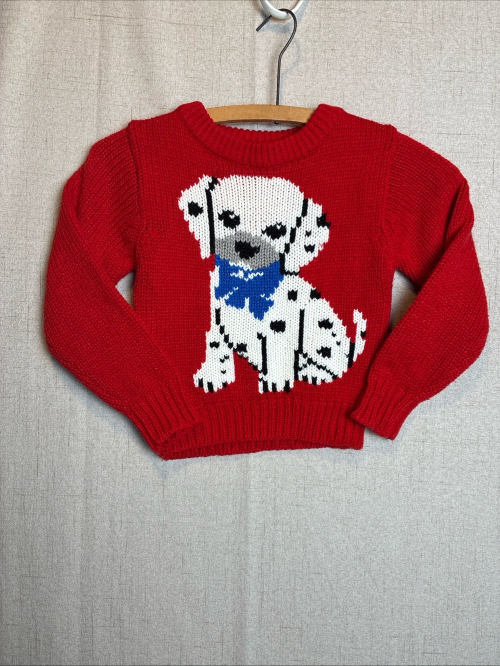 Red Thick Knit Kids Puppy Sweater 6 6X Soft Thick Ribbed Cuffs Dalmatian Vintage